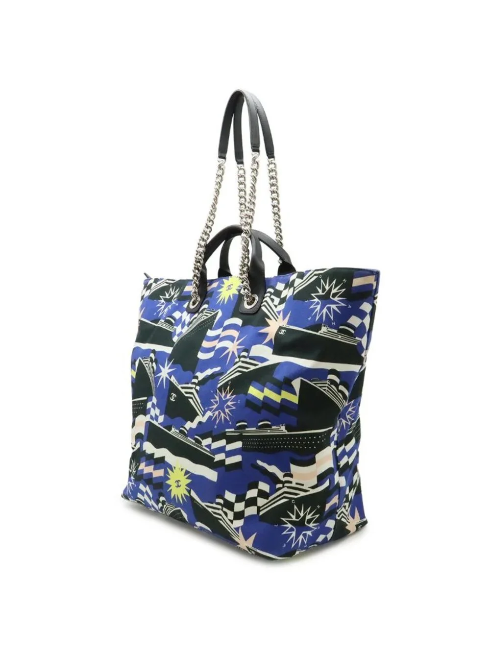 Chanel la Pausa Tote 2-Way Chain Shoulder Bag Ship Motif Canvas Blue Black